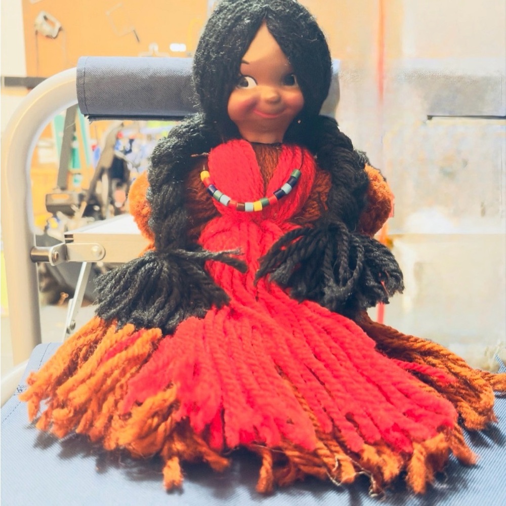 Handcrafted Doll with Red Dress and Beaded Necklace